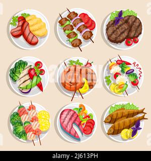 Gegrilltes Essen Set Fisch und Fleischgerichte mit Gemüse auf Die Abbildung des Plattenvektors Stock Vektor