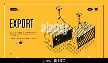 Internationaler Export von Waren isometrischen Vektor-Web-Banner. Schiffscontainer mit China, USA Flaggen hängen auf Frachtkran Hakenlinie Art illustrati Stock Vektor
