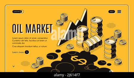 Öl- und Mineralölhandelsunternehmen isometrischer Vektor-Webbanner. Metallfässer, Dollarmünzen auf verschütteten Öl- oder Benzinflecken bilden die Illustration. De Stock Vektor