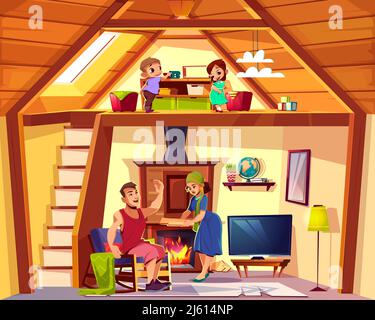 Vektor Cartoon Interieur des Hauses mit glücklicher Familie, Kinder spielen auf dem Dachboden, Mann und Frau im Wohnzimmer. Gemütlicher Duplexhintergrund. Querschnitt von hom Stock Vektor