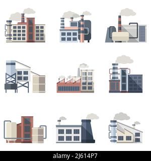 Industrielle Bauwerke und Fabriken flache Symbole setzen isolierte Vektor Abbildung Stock Vektor