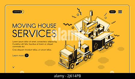 House Umzug und Umzug Service isometrische Vektor Web-Banner. Lastenwagen mit riesigen Karton mit Home-Personal und Möbel Linie Kunst illust Stock Vektor