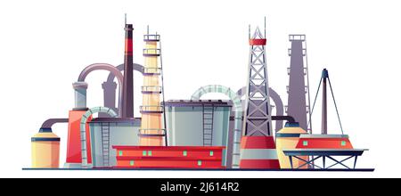 Vector Kraftstoffindustrie Raffinerieanlage, Metallrohre und Turm für Gasförderung. Cartoon Offshore Rohölbenzin Lagerung. Plattform der Ölplattform isoliert auf w Stock Vektor