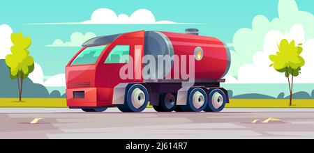 Vector Red Truck liefert brennbares Öl im Tank. Hintergrund mit Fahrzeug, grünen Bäumen und Himmel mit Wolken. Transport mit einer Zisterne aus flüssigem Benzin, Stock Vektor