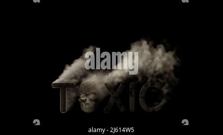 Text CO2 Emissionen mit Schädelrauchen auf schwarzem Hintergrund, isoliert - Abstract 3D Rendering Stockfoto