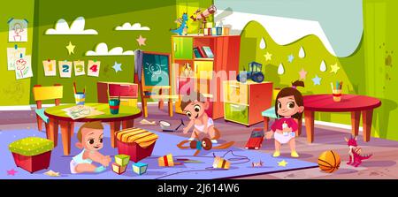 Vector Cartoon Kindergarten - Jungen und Mädchen spielen zusammen. Kinder in Windeln, montessori-Schule für Kleinkinder. Bildungssystem. Möbel, Spielzeug und Stock Vektor