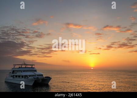 Typisches Touristenboot vor Anker bei Sonnenaufgang in der Nähe der Insel Santa Fe, Galapagos Nationalpark, Ecuador. Mehr als die Hälfte der Besucher von Galapagos machten ihre T Stockfoto