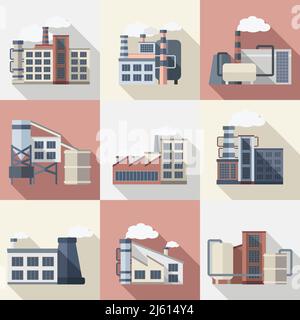 Industriegebäude und Kraftwerke flach lange Schatten Symbole gesetzt Isolierte Vektordarstellung Stock Vektor