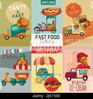 Fast Food Delivery Trucks Mini Poster Set isoliert Vektor-Illustration Stock Vektor