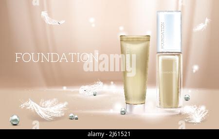 Vektor 3d realistische Illustration mit Concealer. Beiges kosmetisches Make-up-Produkt in Glasverpackung und Tube. Premium Foundation, Perlen und Federn - li Stock Vektor