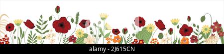 Horizontales weißes Banner oder floraler Hintergrund mit wunderschönen bunten blühenden Blumen und Blattrand verziert. Frühling Sommer botanischen Vektor illustrr Stock Vektor