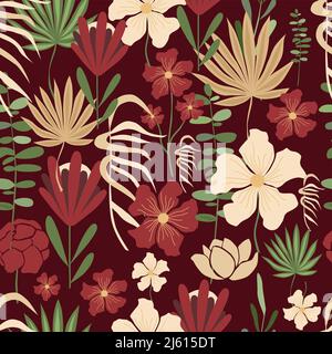 Vektor nahtloses Muster, rote und weiße Blumen auf einem dunklen Hintergrund. Mode-Illustration im Trend Stock Vektor