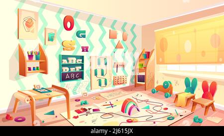 Vector montessori Zimmer mit Farbklecksen, Grundschule mit Müll. Kindergarten für Säuglinge, Kindertagesstätte. Grundschulbildung in Zeichnung, gam Stock Vektor