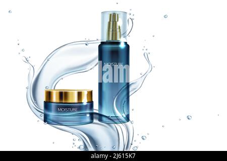 Vector 3d realistische Illustration mit Glas Glas von Kosmetika mit goldener Kappe, Lotion in Wasserspritzern. Mockup mit feuchtigkeitsspendender Creme, natürliches Gel. B Stock Vektor