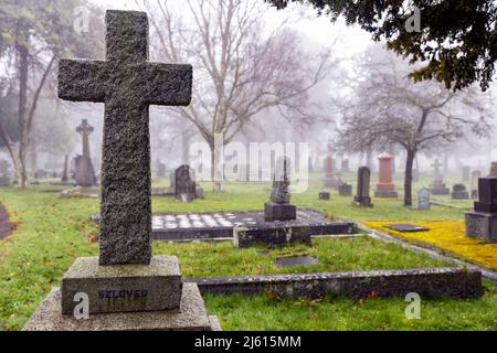 Nebliger Morgen auf dem Ross Bay Cemetery - Victoria, Vancouver Island, British Columbia, Kanada Stockfoto