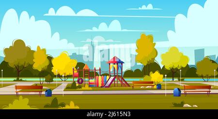 Vektor Hintergrund von Cartoon Spielplatz im Park im Sommer. Landschaft mit grünen Bäumen, Pflanzen und Sträuchern. Erholungsgebiet mit Gleisanlage für Menschen. Am Stock Vektor