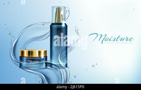 Vector 3d realistische Illustration mit feuchtigkeitsspendender Creme, Lotion in Wasserspritzern. Werbebanner nachmachen. Glas von Kosmetika, Naturserum oder Stock Vektor