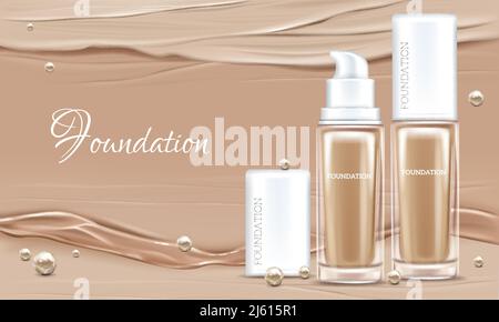 Vector 3d realistisches Poster mit Concealer, beige Kosmetikprodukt in Glasverpackung. Premium Foundation mit Perlen für Frauen. Modell, Vorlage von CO Stock Vektor