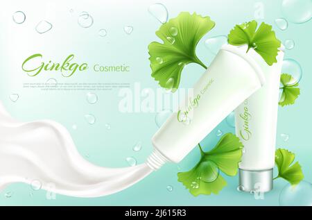 Vektor 3d realistische kosmetische Illustration mit Ginkgo biloba, grüne Blätter. Hautpflege, feuchtigkeitsspendende Creme in der Tube, Naturkosmetik. Nachbau mit Packa Stock Vektor
