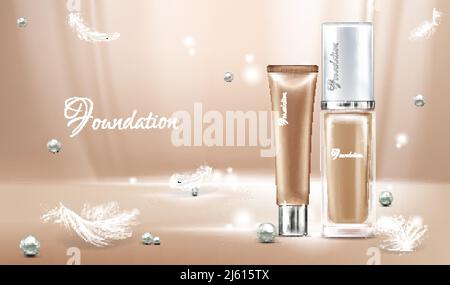 Vector 3d realistisches Poster mit Concealer, beigefarbenem Kosmetikprodukt in Glasverpackung und Federn. Licht auf Fundament mit Perlen für Frauen. Modell, Stock Vektor