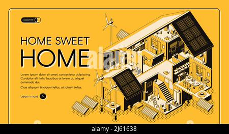 Energieautarke, isometrische Vektor-Webbanner, Landing Page. Cottage Zimmer Querschnitt Interieurs oder Plan, Strom alternative Technol Stock Vektor