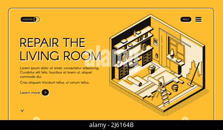 Haus Reparatur Service isometrischen Vektor Web-Banner. Home Wohnzimmer auf Rekonstruktion, Wände und Boden Erneuerung Werke Querschnitt Illustration. Constr Stock Vektor