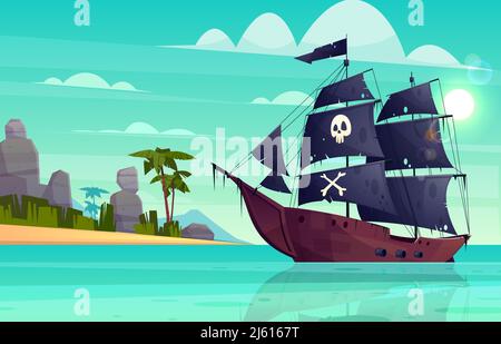 Vektor Cartoon Piratenschiff auf dem Wasser, Sandstrand der Bucht. Holzboot mit schwarzen Segeln, Kanonen geht auf die Insel. Corvette oder Fregatte mit Schädel A Stock Vektor