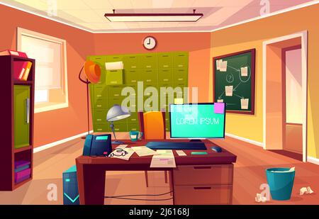 Vektor Cartoon Hintergrund des Arbeitsplatzes von Privatdetektiv oder Polizist. Schreibtisch mit Computer, Strafsachen und Stuhl für Kunden. Das Innere der Polizei Stock Vektor
