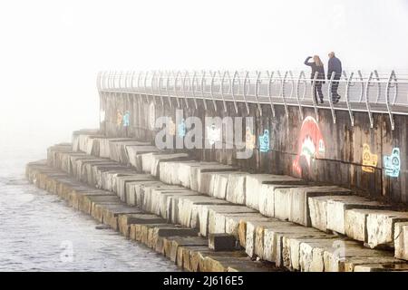 Ein Paar, das an einem nebligen Morgen an der Ogden Point Breakwater - Victoria, Vancouver Island, British Columbia, Kanada, spazierengeht Stockfoto