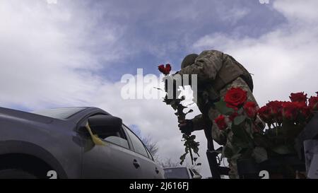 BROVARY, UKRAINE 08. März. Ein Mitglied des ukrainischen Militärs übergibt einem Fahrer zum Internationalen Frauentag an einem Kontrollpunkt in der Nähe der Stadt Brovary außerhalb von Kiew, während der russischen Invasion der Ukraine am 08. März 2022 in Brovary, Ukraine, eine rote Rosenblume. Russland begann eine militärische Invasion der Ukraine, nachdem das russische parlament Verträge mit zwei abtrünnigen Regionen in der Ostukraine gebilligt hatte. Es ist der größte militärische Konflikt in Europa seit dem Zweiten Weltkrieg Stockfoto