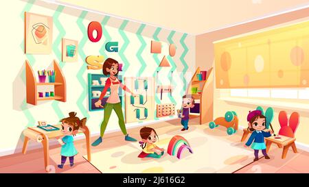 Weibliche Vorschule Kinderkrankenschwester, Kindergarten-Lehrerin spielt mit Kindern in modernen, ausgestatteten Klassenzimmer Cartoon-Vektor-Illustration. Montessori schoo Stock Vektor