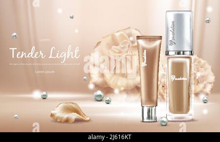 Vector 3d realistisches Poster mit Concealer, beige Kosmetikprodukt in Glasverpackung. Premium Foundation mit Perlen für Frauen. Modell, Vorlage von CO Stock Vektor