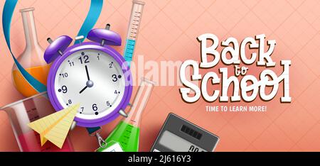 Zurück zur Schule Vektor-Design. Zurück zum Schultext mit Lehruhr, Becher und Reagenzgläsern Laborelemente für das naturwissenschaftliche Lernen. Stock Vektor