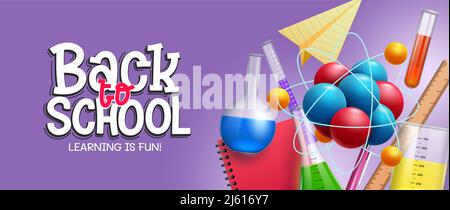 Zurück zur Schule Vektor-Design. Zurück zum Schultext mit Reagenzgläsern, Becher und Science-Icon-Elementen für pädagogisches Lernen und Labor. Stock Vektor