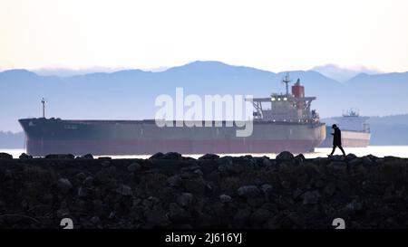 Leeres Containerschiff vor der Küste des Macaulay Point Parks in Esquimalt - Victoria, Vancouver Island, British Columbia, Kanada