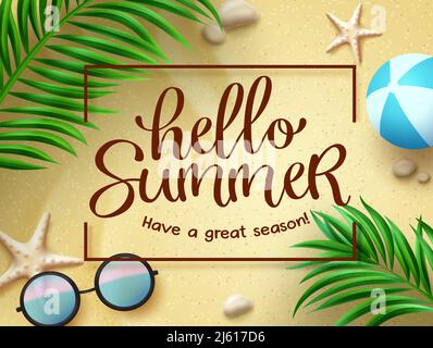 Hallo Sommer Vektor-Template-Design. Hallo Sommer Grußtext im Rahmen mit Palmblättern, Sonnenbrillen und Beach Ball Elemente für tropische. Stock Vektor