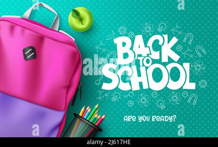 Zurück zur Schule Vektor Hintergrund Design. Zurück zur Schule Text mit Rucksack Tasche und Farbe Bleistift Elemente in Muster Hintergrund für pädagogische Studie. Stock Vektor