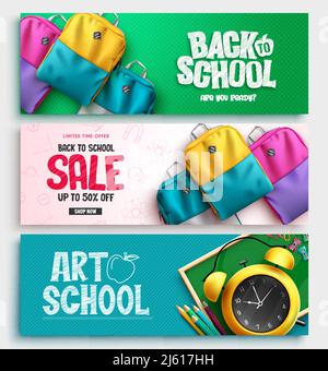 Back to School Vektor-Banner-Set-Design. Zurück zur Schule Textsammlung mit Taschen, Wecker und pädagogischen Artikeln zum Verkauf für Schüler. Stock Vektor