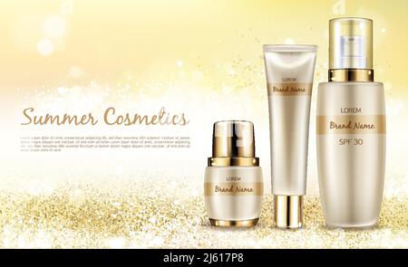 Vektor realistische kosmetische Hintergrund, Promo-Banner für Sommer spf Kosmetik. Serie Sonnenschutzmittel in eleganter Verpackung auf glänzendem Hintergrund mit g Stock Vektor