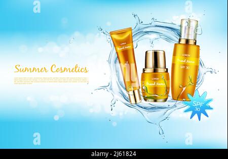 Vektor realistische kosmetische Hintergrund Promo Banner für Sommer spf Kosmetik. Sonnenschutzmittel-Produkte in eleganter goldener Verpackung auf blau glänzendem Hintergrund wi Stock Vektor