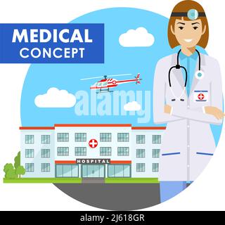 Medizinisches Konzept. Detaillierte Darstellung von medizinischen Menschen in Uniform auf Hintergrund mit Medical Center und fliegenden Hubschrauber in flachem Stil. Vektorgrafik Stock Vektor