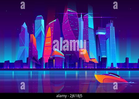 Moderne stadt moskau Cartoon Vektor Nacht Landschaft. Städtisches Stadtbild im Hintergrund mit Wolkenkratzern Gebäude an der Küste, die mit Neonlicht beleuchtet sind Stock Vektor