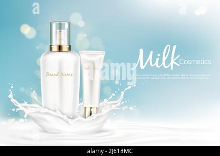 Milchkosmetikflaschen-Mockup mit Platz für Namensmarke stehen bei milchigem Splash auf hellblauem verschwommenem Vektorhintergrund. Weiße kosmetische Produkt Röhren pa Stock Vektor