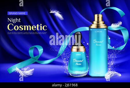 Nachtkosmetikserumflaschen mit Tröpfchen und Pumpe, Mockup auf blauem seidengedrapiertem Stoffhintergrund mit Satinband, Federn und Platz für Cosm Stock Vektor
