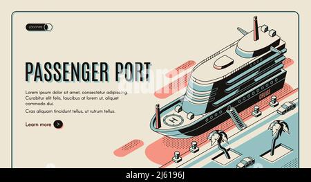 Vorlage für isometrisches Vektor-Webbanner für den Passagierhafen. Kreuzfahrt-Schiff mit abgesenkter Leiter, vertäut am Pier in tropischer Country Line Art Illustration. Vacati Stock Vektor