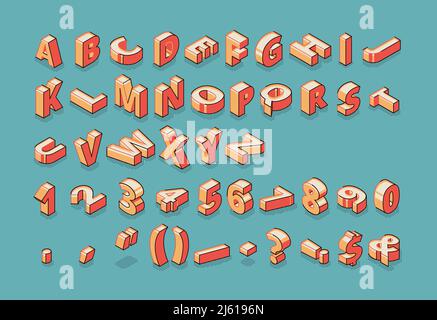 Isometrisches Alphabet, Zahlen und Satzzeichen stehen und liegen roh auf blauem Retro-Hintergrund. ABC-Buchstaben, Typografie 3d-Elemente, SIG Stock Vektor