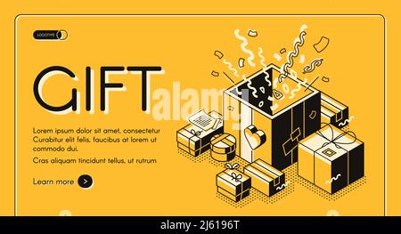 Urlaub Geschenk Verpackung und Verpackung Service isometrische Vektor Web-Banner, Landing Page. Konfetti explodieren aus Pappe geschenkbox mit Band b verziert Stock Vektor