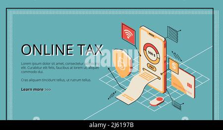 Online-Steuern. Große Rechnung für die Zahlung aus dem Smartphone-Bildschirm. Shopping, Banking, Buchhaltung, intelligente Technologien. 3d Isometric Vector illustrationo Stock Vektor