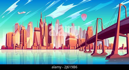 San Francisco Bay Landschaft Cartoon Vektor mit Hängebrücke über Wasser, Airliner und Luftballon fliegen unter futuristischen Wolkenkratzer Gebäude il Stock Vektor