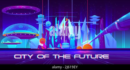 Stadt der Zukunft bei Nacht mit leuchtenden Neonlichtern und leuchtenden Kugeln. Metropollandschaft mit fliegenden Stadtteilen unter Glaskuppeln, Raumschiff, U-Bahn b Stock Vektor